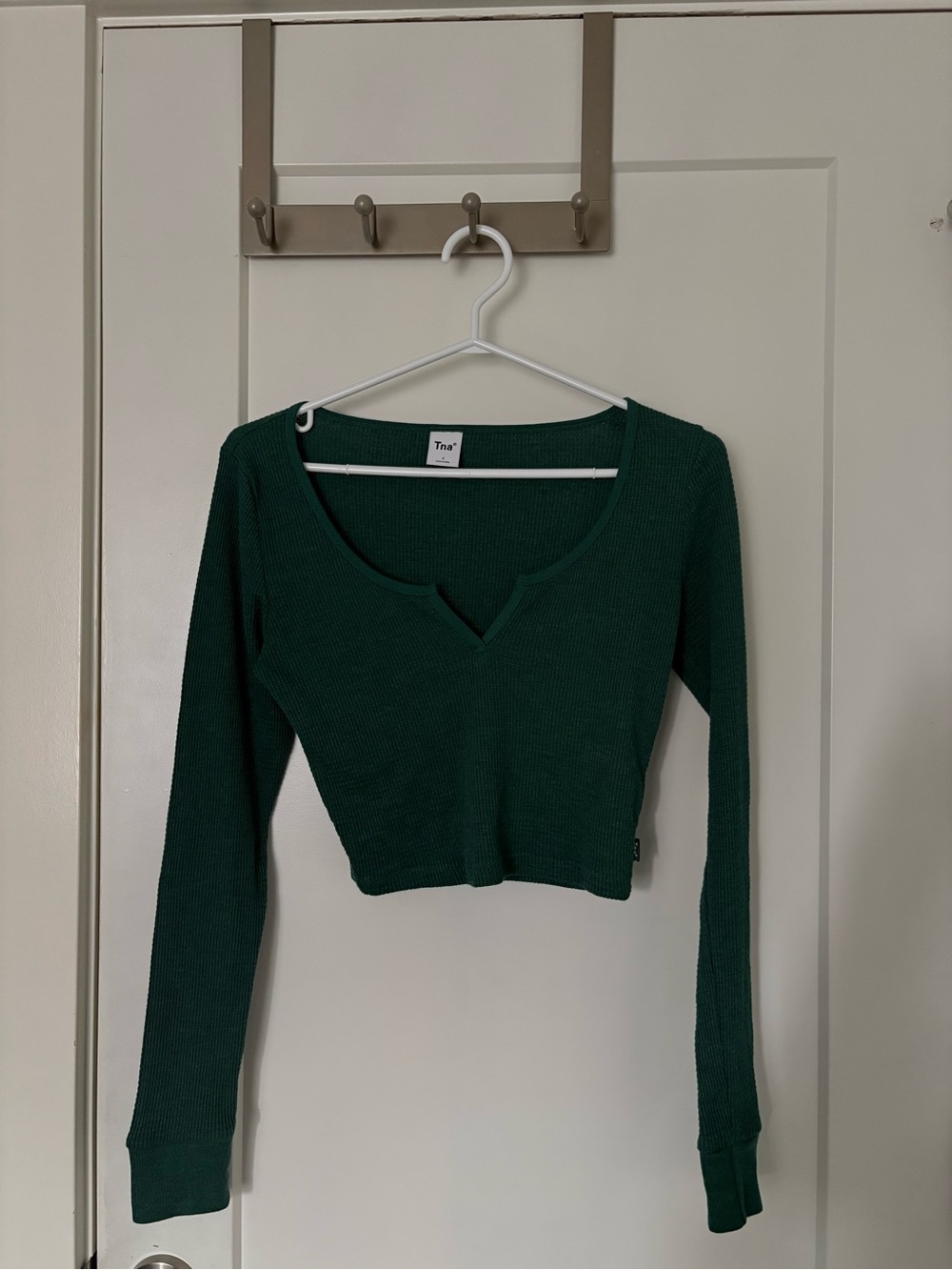 TNA Forest Green waffle Long-Sleeve Crop Top